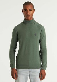 Grüner Rollkragenpullover aus Strickstoff, mit gerippten Bündchen und Saum, einem kleinen Logo auf der linken Brust und Raglanärmeln.
