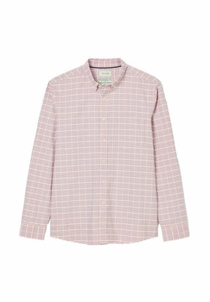 Rot-weiße karierte Langarmbluse aus leichtem Baumwollstoff, mit klassischem Kragen und abgerundetem Saum mit Knöpfen.