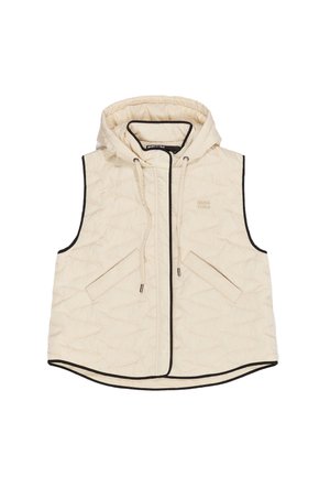 Väggtäckande beige väst med huva, med svart kant och två framfickor. Designad med ett strukturerat mönster och justerbara snoddar.