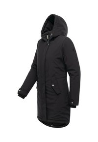 Black insulated parka with a hood, featuring a front zipper, two side pockets, and ribbed cuffs. Smooth exterior fabric and a longer cut.
