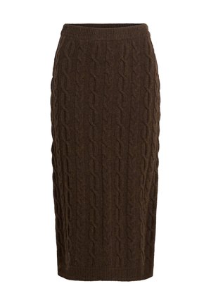 Brown knitted pencil skirt featuring a cable knit pattern, with a ribbed waistband and a form-fitting silhouette. Soft texture and mid-calf length.
