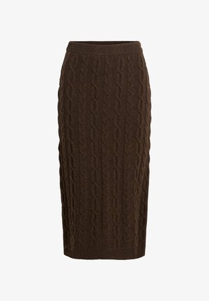 Gonna a matita in maglia marrone caratterizzata da un motivo a trecce, con vita a costine e una silhouette aderente. Texture morbida e lunghezza fino al polpaccio.