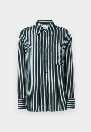 Camisa abotoada com riscas verticais azuis escuras e verdes claras, colarinho clássico, mangas longas e um único bolso no peito. Feita de um tecido suave.