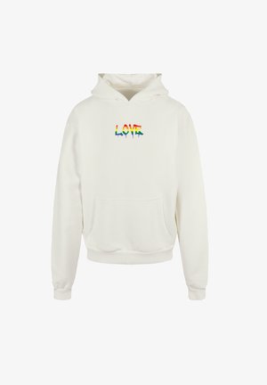 Fehér kapucnis pulcsi elülső zsebbel. Többszínű, csepegő hatású "LOVE" felirattal rendelkezik. Puha anyag, laza dizájn, hosszú ujjú.