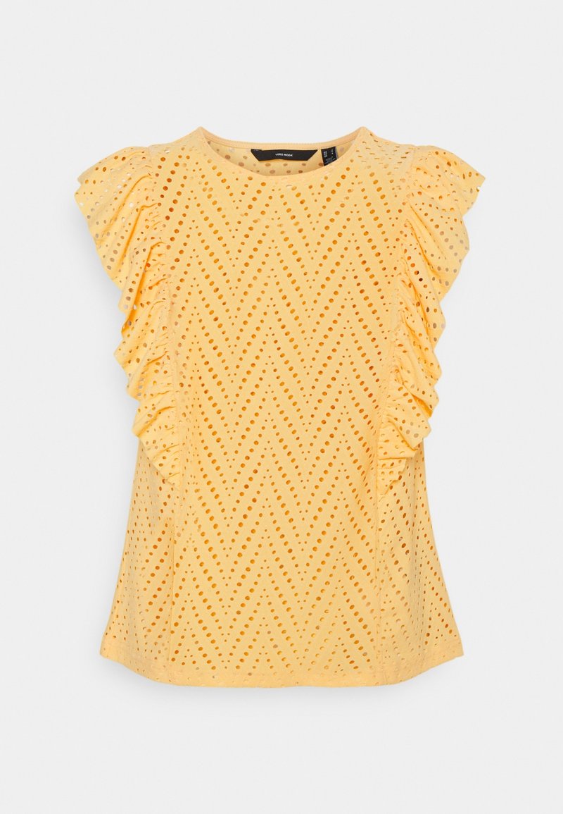 Haut jaune sans manches avec motif œillet en chevron et détails en tissu froncé le long des épaules et des côtés.