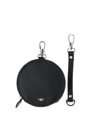 Black round leather coin pouch with zipper and silver clasp, accompanied by detachable black leather strap with silver hardware.