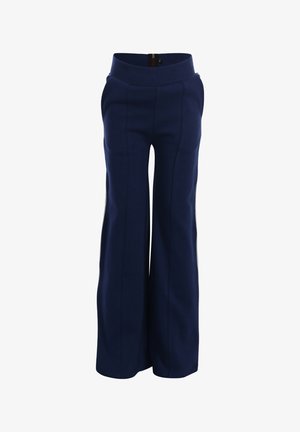 Marineblauwe broek met hoge taille en brede pijpen, voornaaddetails aan de voorkant en zijzakken, ontworpen voor een getailleerde pasvorm.