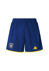 Pantaloni sportivi blu con cintura elasticizzata, rifiniture gialle, stemma con design di un leone e logo giallo sull'orlo inferiore.