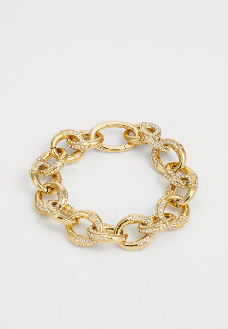 Gold-tone chain bracelet with large interlocking oval links, each link partially encrusted with small clear rhinestones.