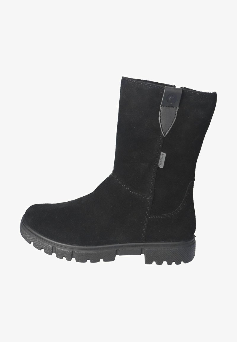 Schwarze Wildleder-Ankle Boots mit Gummisohle, ausgestattet mit einem Reißverschluss und einer Zuglasche für einfaches Anziehen. Glatte Textur und dezente Nähte.