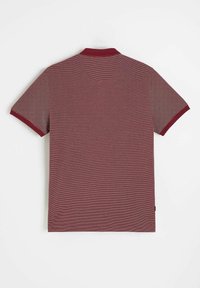 Koszulka polo z krótkim rękawem w kolorze bordowym i szarym z poziomymi paskami, z prążkowanym kołnierzykiem i mankietami oraz prostym dołem. Tkanina o fakturze.