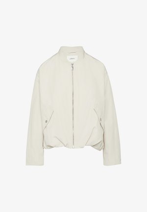 Licht beige bomberjack, gemaakt van een gladde stof, met een hoge kraag, een ritssluiting aan de voorkant en zijzakken met drukknoopsluiting.