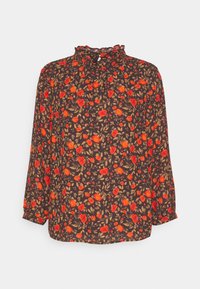 Blusa a motivi con colletto arricciato, tessuto marrone scuro e design floreale con fiori rossi e foglie verdi. Maniche lunghe, vestibilità rilassata.