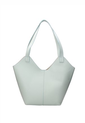 Hellblauer Ledershopper mit zwei Schulterriemen und leicht geschwungener oberer Kante, dargestellt vor weißem Hintergrund.