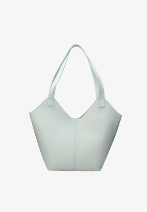 Sac fourre-tout en cuir bleu clair avec deux bretelles d'épaule et un bord supérieur légèrement incurvé, présenté sur un fond blanc.