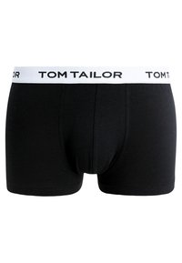 Schwarze Baumwollboxershorts mit einem weißen elastischen Bund, auf dem "TOM TAILOR" in Schwarz gedruckt ist. Glatte Textur, enganliegendes Design.