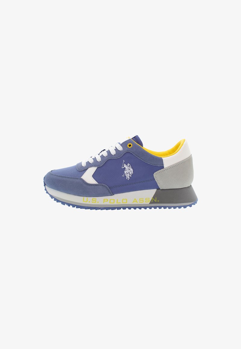 Blue and gray athletic shoe with a textured suede and mesh upper, white laces, yellow lining, and printed branding on the sole.