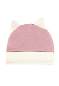 Beanie lavorato a maglia di colore rosa con risvolto crema, dotato di due orecchie bianche appuntite sulla parte superiore. Tessuto morbido, forma arrotondata.