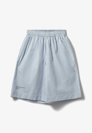 Gaiši zili šorti ar vertikālām baltām svītrām, elastīgu jostu, vieglu audumu un nelielu teksta detaļu apakšmalā.