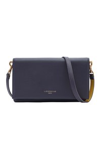 Navyleder-Crossbody-Tasche mit glatter Textur, goldfarbener Hardware und einem kontrastierenden gelben Tragegurt. Mit Logo-Detail auf der Außenseite.