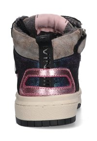 Black and multicolored sneaker with a textured back, shiny pink accents, and a padded collar. Includes a zip closure and durable rubber outsole.
