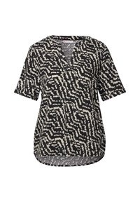 Kortärmad blus i svart och kräm, med ett abstrakt mönster, V-ringning och en avslappnad passform med rundad nederkant.