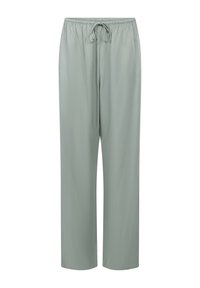 Lichtgroene, wijde broek van gladde stof met een elastische tailleband en trekkoord. Heeft een ontspannen, rechte snit.