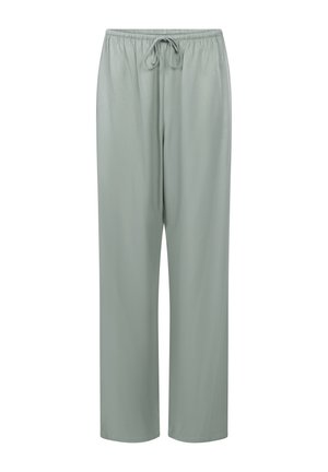 Light green, wide-leg pants made of smooth fabric with an elastic waistband and drawstring. Features a relaxed, straight silhouette.