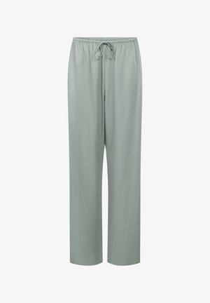 Ljusgröna byxor med vida ben, tillverkade av ett mjukt tyg med resår i midjan och dragsko. Har en avslappnad, rak silhuett.