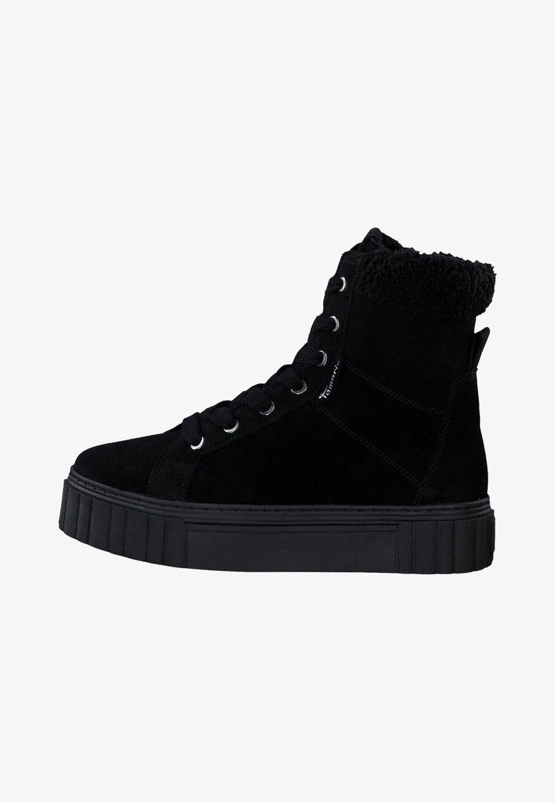 Black suede high-top sneakers feature a textured, fur-lined collar, round laces, and a thick rubber sole with ridged accents.