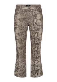 Ormsmuriga utsvängda jeans i dämpade beige och bruna nyanser. Denim med en texturerad yta. Standard femficksdesign och dragkedja framtill.