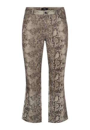 Snake-print flared jeans in muted beige and brown tones. Denim material with a textured surface. Standard five-pocket design and front zip.