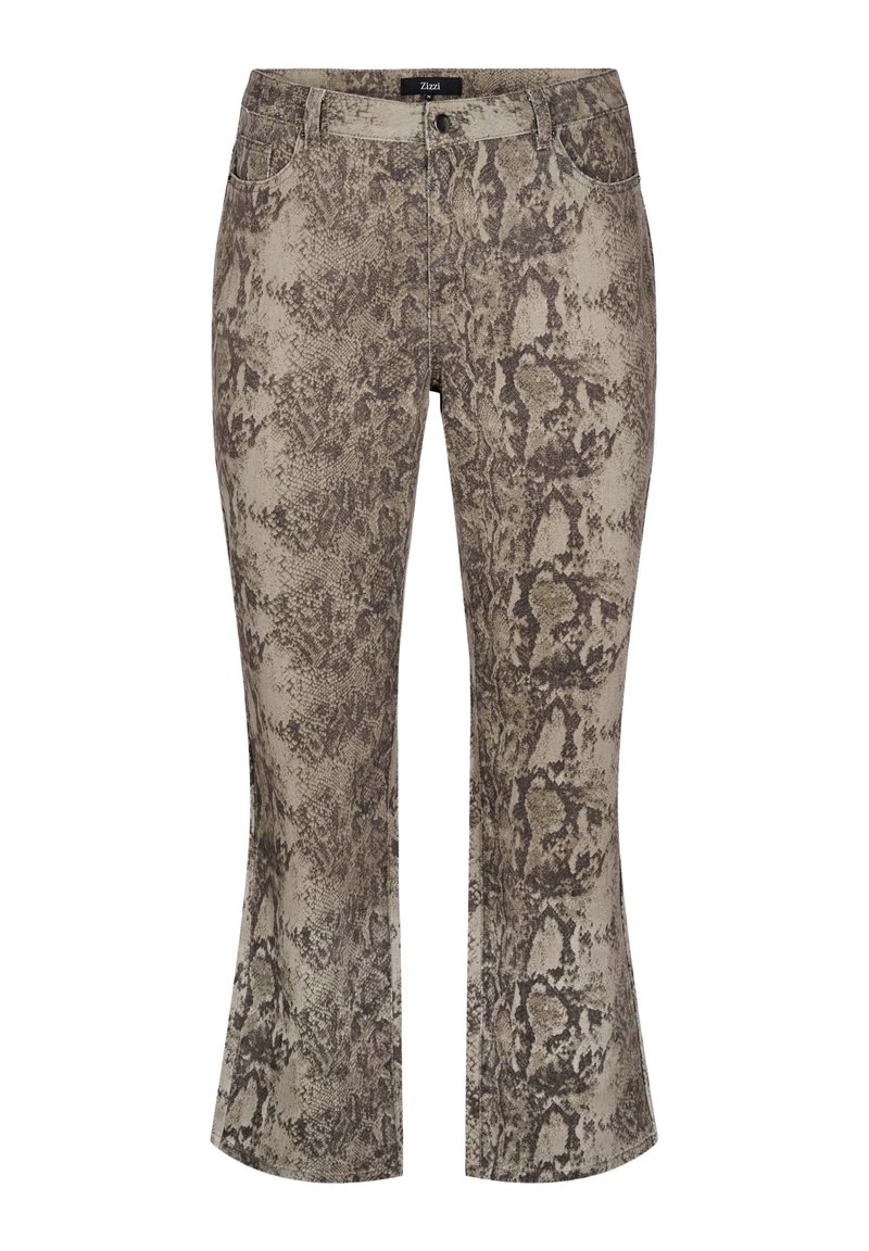 Ormsmuriga utsvängda jeans i dämpade beige och bruna nyanser. Denim med en texturerad yta. Standard femficksdesign och dragkedja framtill.