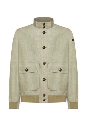 Giacca beige chiaro con bottoni, collo alla coreana, due tasche frontali con pattina, polsini e orlo a costine.