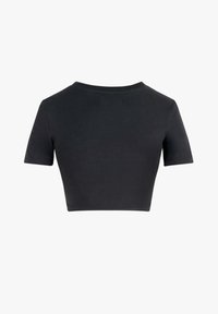 Zwarte cropped t-shirt gemaakt van zachte stof, met korte mouwen en een ronde halslijn, met een eenvoudig ontwerp en zonder zichtbare patronen of accenten.