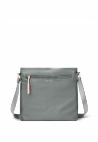 Šedá obdélníková crossbody taška vyrobená z texturovaného materiálu, s přední kapsou na zip a růžovými akcenty. Název značky "VUCH" je z Embosovaný na přední straně.