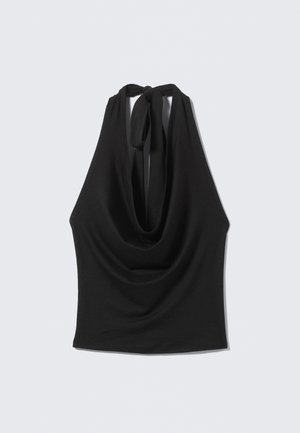 Svart ärmlös topp med draperad halsringning och knyt baktill. Tillverkad av ett mjukt, lätt material och har en svävande silhuett.