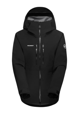 Veste softshell noire avec capuche, équipée de deux poches poitrine zippées, de poignets élastiques et d'un logo sur la poitrine gauche et la manche.