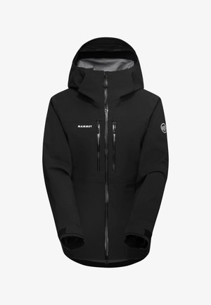 Czarna kurtka softshell z kapturem, posiadająca dwie kieszenie na zamek na piersiach, elastyczne mankiety oraz logo na lewej piersi i rękawie.