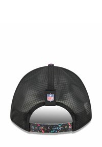 Black mesh cap with a colorful splatter pattern on the adjustable strap. Features NFL logo on the back. Rounded shape with a vented design.