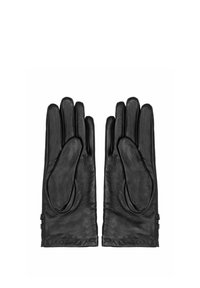 Czarne skórzane rękawiczki o miękkiej teksturze, z wydłużonymi palcami i dopasowanym krojem. Zawierają ozdobne detale przeszycia.
