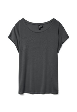 Grå kortärmad T-shirt med vid rund hals, mjukt tyg och avslappnad passform. Inga synliga mönster eller detaljer. Slät yta.