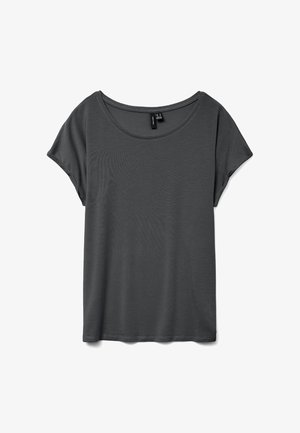 Grijze T-shirt met korte mouwen, een brede ronde hals, zachte stof en een ontspannen pasvorm. Geen zichtbare patronen of accenten. Glad oppervlak.