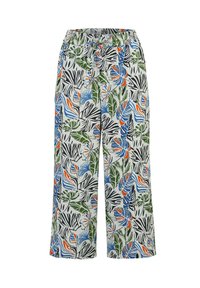Bloemmotief wijdvallende pantalon van lichtgewicht stof. Heeft een multicolore ontwerp met groene, blauwe, oranje en zwarte elementen; elastische tailleband.