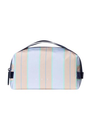 Borsa da toilette rettangolare con strisce verticali pastello beige, blu e verde, dotata di manico superiore e cerniera laterale.