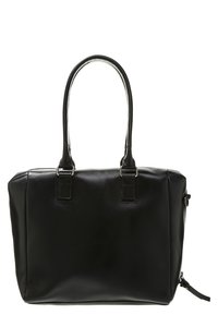 Sorte læder handbag med dobbelthåndtag, rektangulær form og lynlåslukninger på siderne, designet til at bære i hånden eller over skulderen.