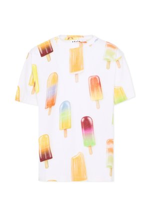 Biała koszula z krótkim rękawem z kolorowymi różnorodnymi lizakami lodowymi o różnych smakach i kolorach, nadrukowanymi na całej tkaninie.
