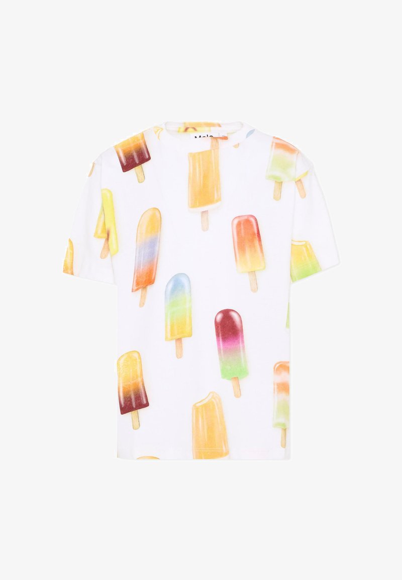 Chemise blanche à manches courtes avec des sucettes glacées colorées assorties de différentes saveurs et couleurs imprimées sur tout le tissu.