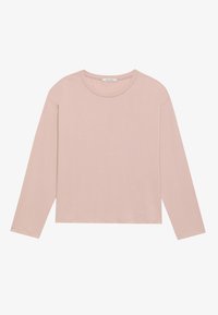 Langærmet top i blød, lys pink stof. Har en rund halsudskæring og en afslappet pasform med fine syninger langs kanterne.