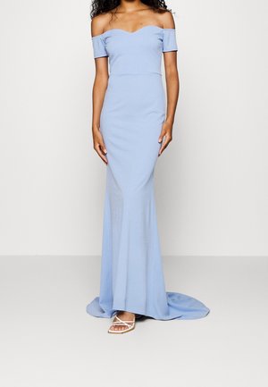 Light blue, off-the-shoulder gown with a fitted bodice and flared skirt. Smooth fabric with a subtle sheen. Features a heart-shaped neckline.